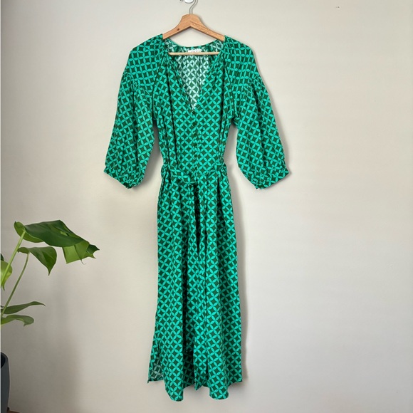 ITAMI Green Geometric Print Boho Style Belted Midi Button Linen Blend Dress - Picture 2 of 11